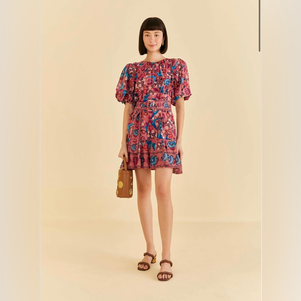 Farm Rio Blush Floral Birds Mini Dress